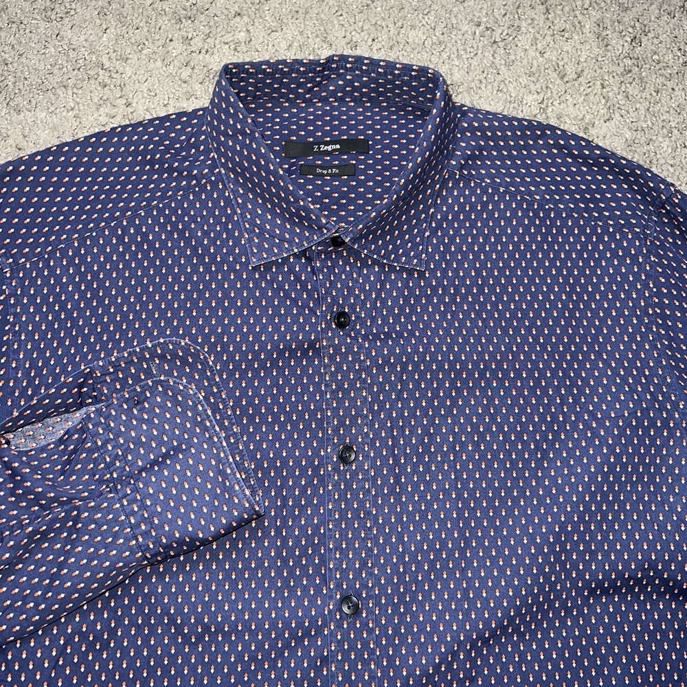 Z Zegna Shirt Mens 17 Large Black Purple Drop 8 Fit Dot Button Up Slim Dressy